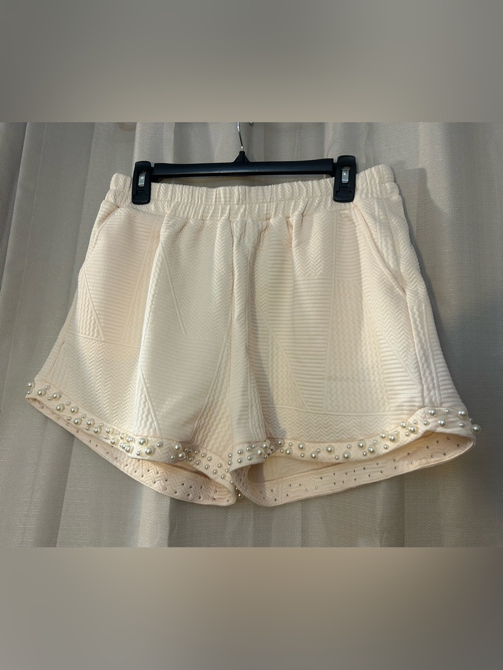 Umgee Cream Pearl Trim Textured Jacquard High Waist Shorts Boho Cottagecore L